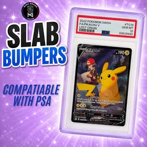 May include: A PSA graded 2022 Pokemon SWSH Lost Origin Pikachu V trading card in a clear protective slab. The card features a yellow Pikachu and a trainer character. Text on the slab includes 2022 POKEMON SWSH FA/PIKACHU V TG16 GEM MT 10.