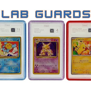 May include: Three graded Pokémon trading cards in protective cases. The cards feature characters like Squirtle, Alakazam, and Pikachu. The cases are framed in blue, purple, and red, with the text "SLAB GUARDS" above.
