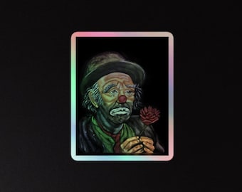 Emmett Kelly Sad Clown art on Holographic stickers
