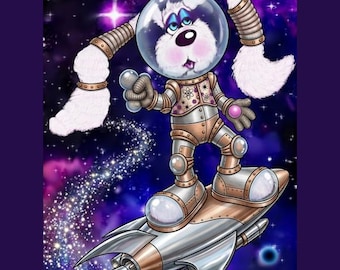 Retro Space Bunny Rocket Wall Art | Mid Century Sci-Fi Nursery Print | Astronaut Rabbit Kids Room Decor | Instant Digital Download