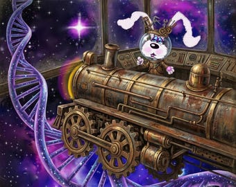 Steampunk Space Bunny Train Art | Sci-Fi Engineer Rabbit Wall Print | Whimsical Kids Room Decor | Digital Download Poster