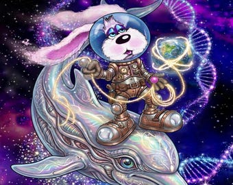 Cosmic Space Bunny Wall Art | Sci-Fi Rabbit Riding Galaxy Dolphin | Fantasy Kids Room Print | Instant Digital Download