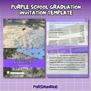 Pode incluir: Modelo de convite de formatura escolar roxo com um prédio escolar e nuvens no fundo. O texto diz "Modelo de convite de formatura escolar roxo", "Nome da escola", "Dia da formatura" e "Tema da formatura".