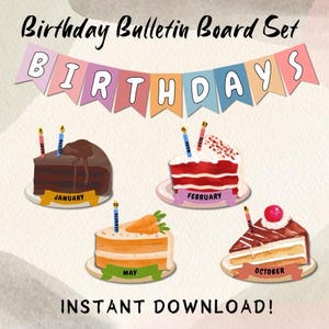 May include: A set of printable birthday bulletin board decorations featuring four different cake slices with frosting and candles. Each cake slice is labeled with a month: January, February, May, and October. The banner at the top reads "BIRTHDAYS".