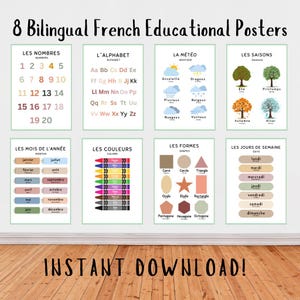 Bilingual French Educational Posters - 8 Printable Designs - Shapes, Numbers, Colors, Letters & More - Classroom Decor for Kids