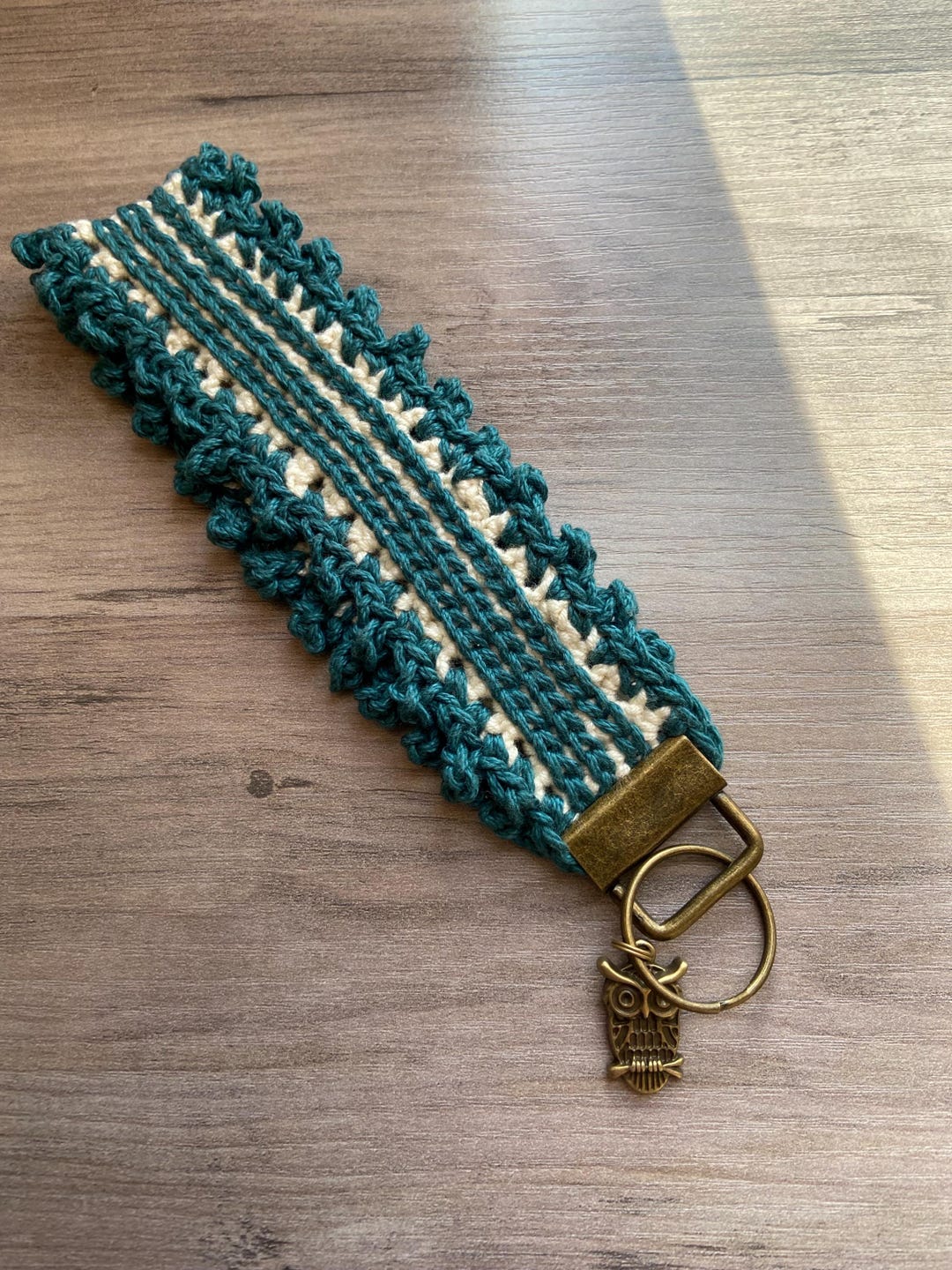 Ivory Keychain Green and Ivory Crochet Keychain Wristlet With Owl Charm - Etsy