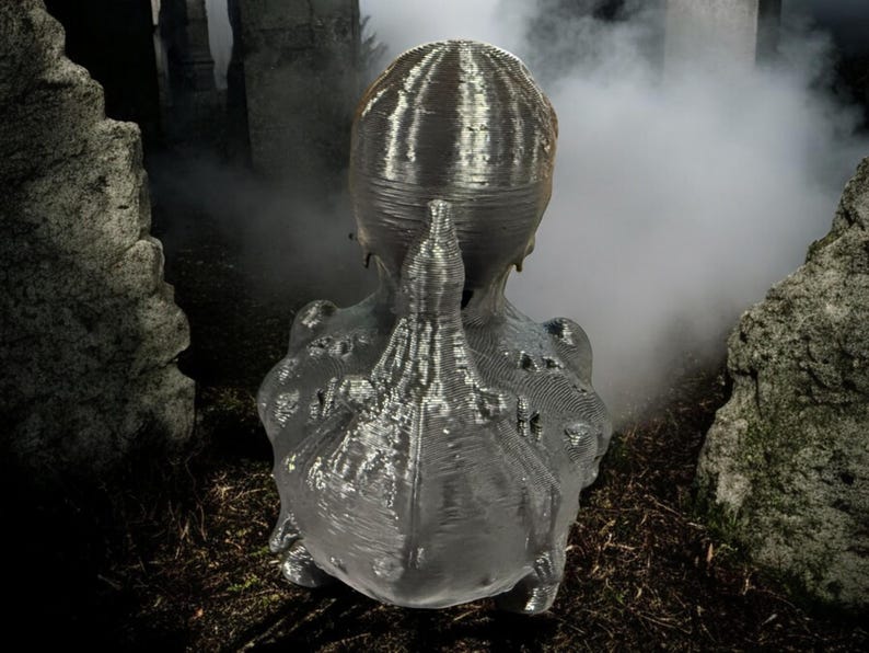 May include: A 3D printed sculpture of a creature with a textured, gray surface. The creature has a large head with a pointed top and a long, thin body. The sculpture is set against a blurry background of rocks and fog.