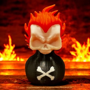 May include: A black and white skull with a red and orange flame head, wearing a black and white skull and crossbones shirt. The figure is standing in front of a blurry background of flames.