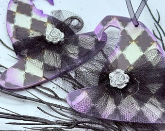 Witch Hat Ornament Set - Coquette Halloween Decor, Witchy Harlequin Print Wood Accent, Unique Witchy Halloween Gift