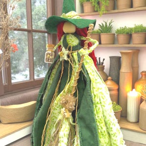 Handmade Green Forest Kitchen Witch Doll: Cottagecore Woodland Priestess with Potion Bottle