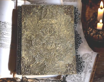 Grimoire Gothic Witchy Junk Journal Handmade Book - Embossed Black & Gold Spell Book, Witch Journal, Antique Alchemy Notebook, Wicca Gift