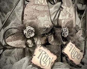 Witch Hat Ornament Set, Gothic Boho Witch House Accent, Skull & Spiderweb Wood Decor, Unique Goth Halloween Gift