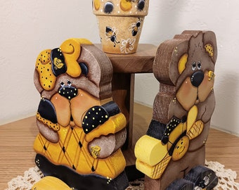 Wooden Bears Gift set, 3 pieces, Tole painted for Spring, Cute Bear Couple 6" tall, Yellow and Black