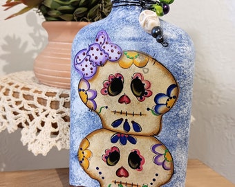 Sugar Skull decorative bottle, Hand painted, Glass Bottle, 7" tall, Whimsy Skulls