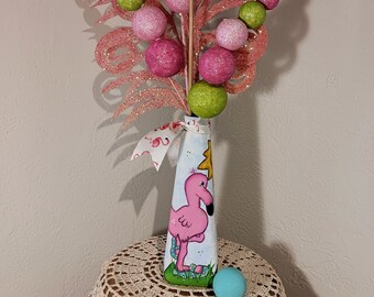 Flamingo Vase, Whimsy Flamingo, Decorative bottle Art, Florida Décor, Pink Flamingos, Glass bottle art