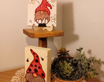 Gnome home décor, Gnome block and mini sign, hand painted, 2 piece set, Lady Bug/Gnome Theme