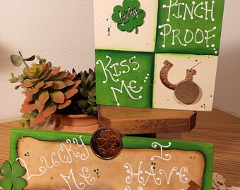 St. Patrick's mini signs, Pinch Proof sign, Kiss Me, Hand painted wood signs, Tiered Tray décor
