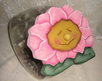 Cookie Jar Lid/ Pink Flowers/ handmade décor/ Gallon or half gallon size/ Kitchen décor/ Jar Toppers/ Tole Painting