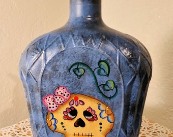 Sugar Skulls, Soap Dispenser,  Refillable Bottles,  Blue and Tan, 8" tall,  Sugar skulls,  Tole painted, Bottle Art