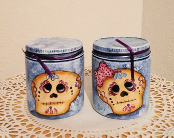 Sugar Skull Décor,  Tole Painted Skulls,  2 piece set,  2 3/4" tall,  Sugar Skulls, Glass Art, Day Of The Dead, Tiny Jars