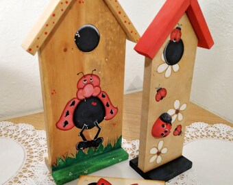 Ladybug theme Birdhouse Façade, Porch Table Décor, Red and Tan, 12" tall,  Birthday For Her, Lady Bug Love