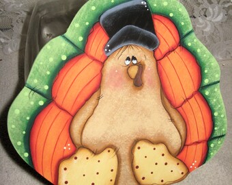 Turkey Jar Topper, Tole Painted, Gallon or half gallon size, Cookie jar lid, Whimsy Turkeys