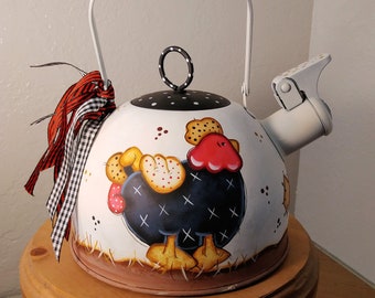 Decorative teapots/ Tole painted chickens/ Country Kitchen décor/ Collectible teapots