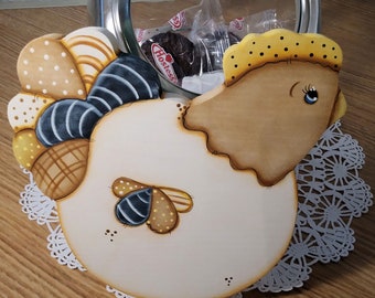 Cookie Jar Lids, Chickens, half gallon or gallon size, White Black & Yellow, Tole Painted, Unisex Gifts