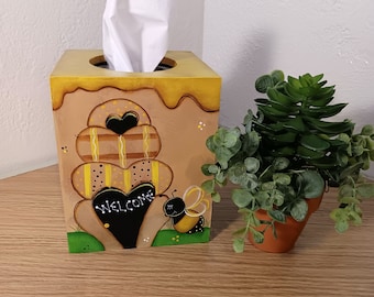 Tissue Box Cover/ Bee themed gifts/ Tole painted/ Wood tissue box