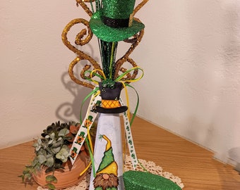 St. Patrick's Gnome, Decorative bottles, Gnome Love, Gnome vase, Hand painted, Up cycled glass bottle