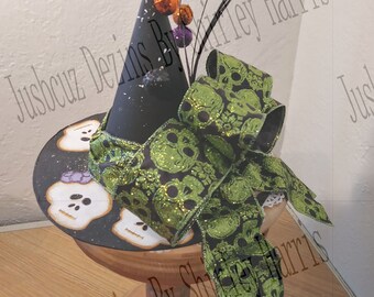 Witch Hat Centerpiece, Skulls theme hats, Gender Neutral Gifts, Halloween Décor, Black and Green , 9" tall, Tole painted hats