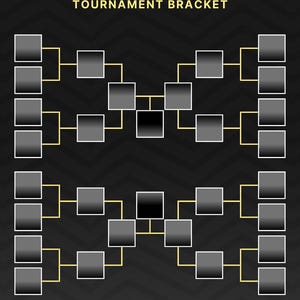 Op de afbeelding: Een toernooischema-ontwerp met de tekst "THE GREATEST EVER TOURNAMENT BRACKET" in het wit. Het schema heeft een reeks verbonden grijze vierkanten met goudkleurige lijnen op een zwarte achtergrond.