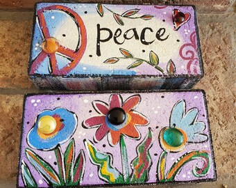 Painted Bricks, Garden Bricks, Peace, Peace Sign, Flowers
