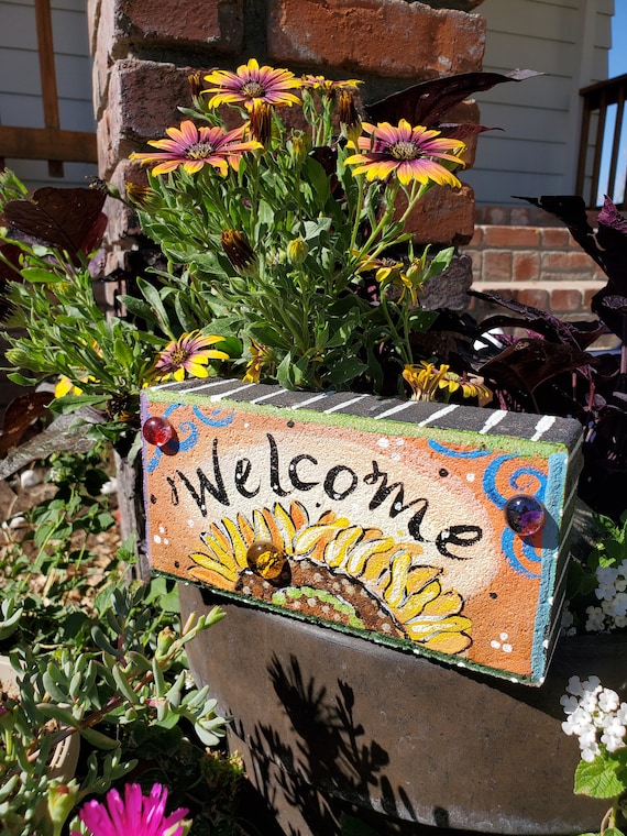 Painted Brick, Garden Brick, Sunflower, Welcome, Garden Decor - Etsy
