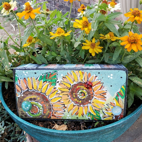 Sunflower Brick, Sunflower, Painted Brick, Brick Art