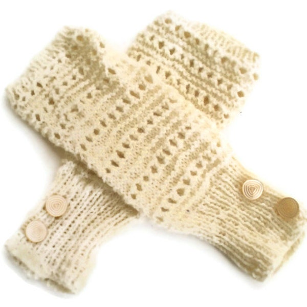 Fingerless Mittens - Ivory with Vintage Button Trim