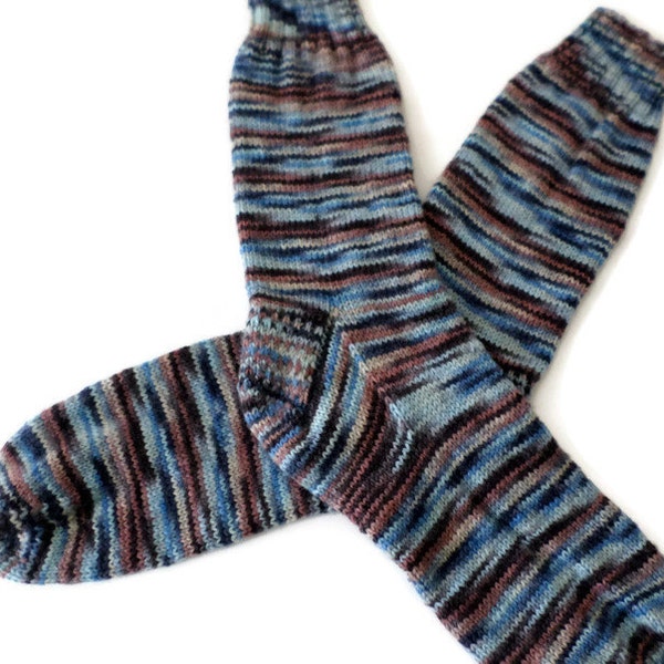 Socks - Hand Knit Men's Blue and Brown Socks - Size 11-12 - Casual Socks - Weekend Socks