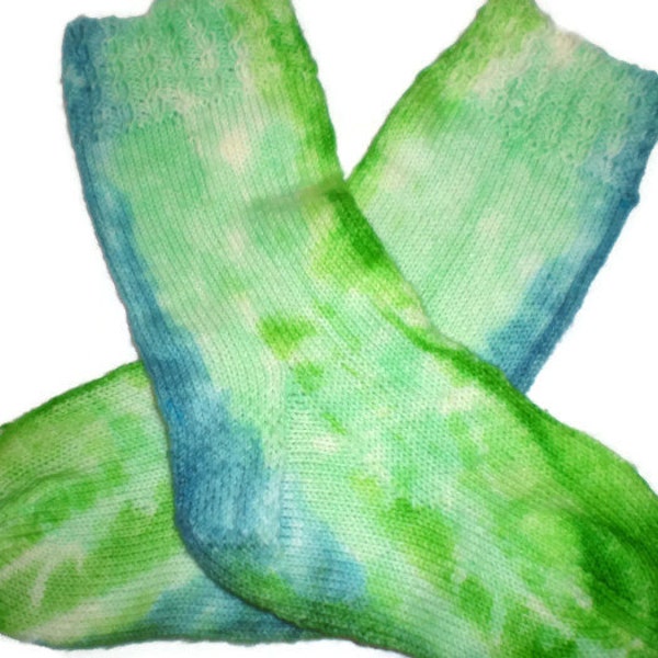 Socks - Hand Knit Women's Tie Dye Socks in Green and Blue - Size 7-9