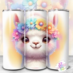 Gobelet lama mignon 20 oz image en sublimation emballage téléchargement numérique PNG pour amoureux des animaux cadeau pour maman couronne de fleurs design gobelet maigre