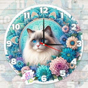 Horloge chat Ragdoll en téléchargement numérique Sublimation Design PNG pour les amoureux des animaux, cadeau pour les mamans Image d'horloge