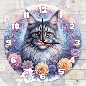 Maine Coon Cat Uhr Digital Download Sublimation Design PNG Tierliebhaber Geschenk für Mütter Uhr Bild