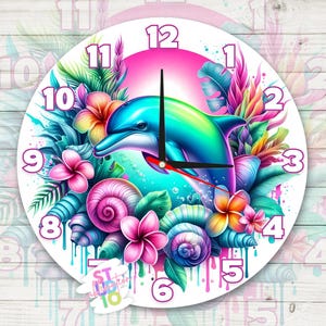 Horloge dauphin PNG en téléchargement numérique Design en sublimation PNG, cadeau pour les mamans, image en sublimation d'horloge arc-en-ciel sous la mer