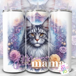 20 oz Maine Coon Mama Cat Tumbler Wrap Download digital Sublimação Tumbler Wrap PNG Presente para amantes de animais de estimação para mães de gatos Design de copo fino