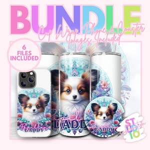 Paquete de sublimación de vasos con diseño de perro Papillon, descarga digital, imagen PNG para teléfono, regalo para mamás, posavasos para automóvil con diseño de sublimación delgada de 20 oz