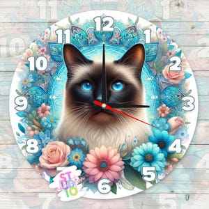 Relógio de gato siamês digital para download de design de sublimação PNG para amantes de animais, presente para mães, imagem de relógio