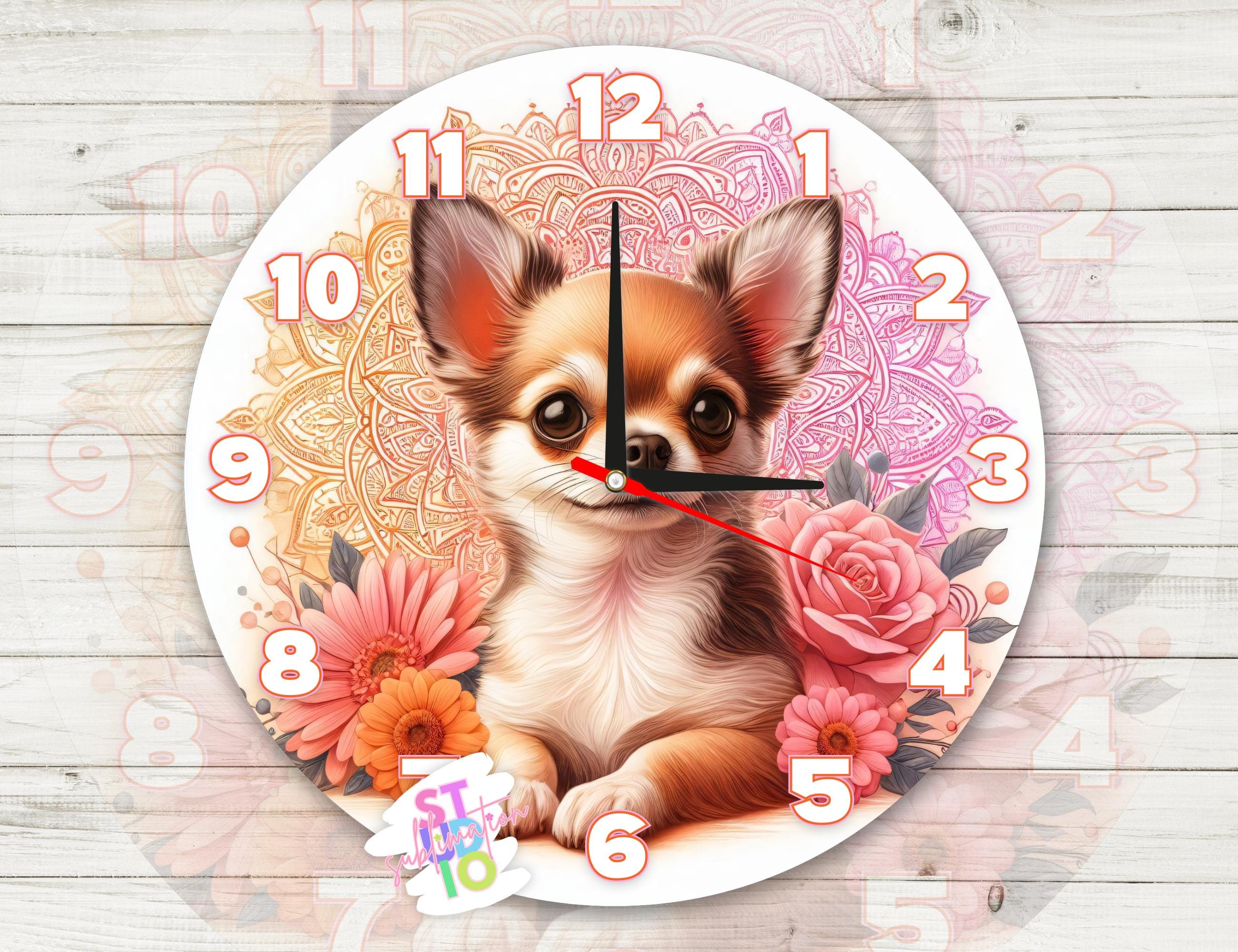 Chihuahua Dog Clock PNG Digital Download Sublimation Design PNG Gift For Moms Clock Sublimation Colourful Mandala