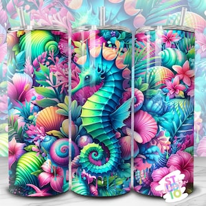 Vaso de caballito de mar de 20 oz con imagen de sublimación, descarga digital PNG, regalo para amantes de los animales para mamá, diseño de vaso delgado bajo el mar