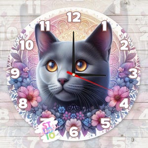 Russian Blue Cat Clock Digital Download Sublimation Design PNG Animal Lovers Gift For Moms Clock Image