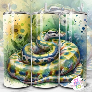 May include: A colorful, watercolor-style illustration of a snake wrapped around itself, set against a background of green and yellow foliage. The snake has a green, yellow, and blue pattern. The background is a watercolor wash of green, yellow, and blue.