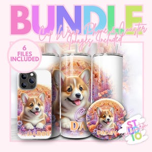 Paquete de sublimación de portavasos con diseño de perro Corgi, descarga digital, imagen PNG para teléfono, regalo para mamás, posavasos para automóvil con diseño de sublimación delgada de 20 oz